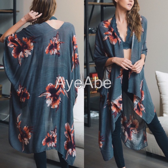 Floral print wrap kimono coverup beach cream - Picture 4 of 5